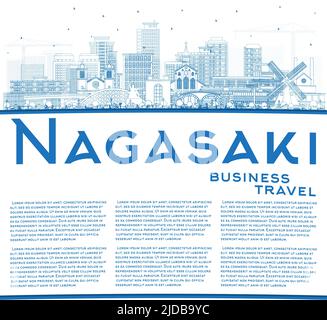 Skizzieren Sie die Skyline von Nagasaki Japan City mit blauen Gebäuden und Kopierräumen. Vektorgrafik. Stadtbild von Nagasaki mit Wahrzeichen. Stock Vektor