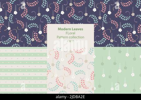 Vector Set aus modernen Blättern und floralen Mustern. 4 elegante Retro-Muster nahtloser Hintergrund. Für Modestoffe, Textilien, Hintergründe Stock Vektor