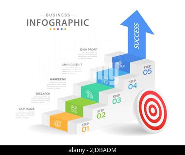 Infografik-Vorlage für Unternehmen. 5 Schritte modernes Stair-Diagramm mit Pfeil und Themen, Präsentationsvektor-Infografik. Stock Vektor