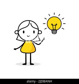Geschäftsfrau, die eine Glühbirne über dem Kopf auf weißem Hintergrund hat. Handgezeichnete Doodle-Frau. Idee und Kreativität Konzept. Vektorgrafik Stock Vektor