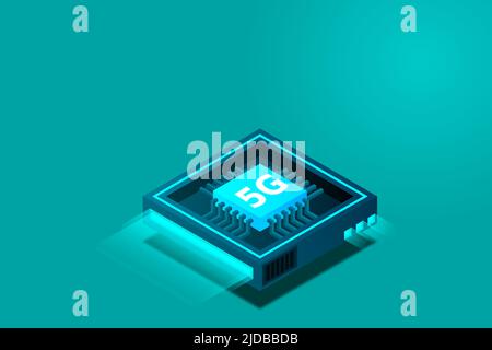 Abbildung 5G-Netzwerkprozessor. Mobiles drahtloses Internet der nächsten Generation. Isometrischer futuristischer Mikrochip. Mikrochip-Illustration. PC-Mainboard Stock Vektor