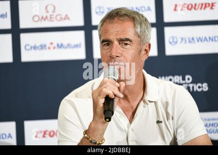 Marc Maury (Sprecher) nimmt an der Pressekonferenz während der Wanda Diamond League 2022, Meeting de Paris (Leichtathletik) am 17. Juni 2022 im Charlety-Stadion in Paris, Frankreich, Teil - Foto: Victor Joly/DPPI/LiveMedia Stockfoto