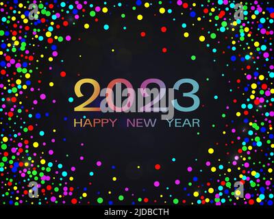 2023 Frohes neues Jahr. Bunte Zahlen, Text und Konfetti isoliert auf dunklem Hintergrund. Neujahrskarte 2023. Vektorgrafik. Stock Vektor