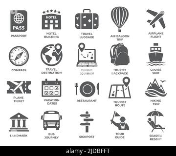 Tourismus- und Reisesymbole auf weißem Hintergrund Stock Vektor