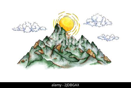 Aquarell-Illustration des Sonnenaufgangs in den Bergen mit Wolken. Berglandschaft. Für die Gestaltung von Design-Kompositionen zum Thema Tourismus, hallo Stockfoto