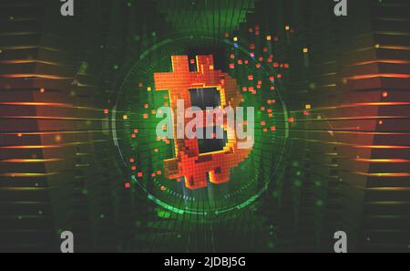 Bitcoin-Symbol. Konzept des Kryptowährungsbergbaus. 3D Darstellung auf technologischem Hintergrund Stockfoto