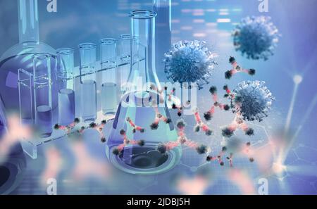 Antikörper und Viren 3D Abbildung. Virologie. Suchen Sie nach einem Impfstoff. Mikrobiologie. Wissenschaftliches Labor Stockfoto