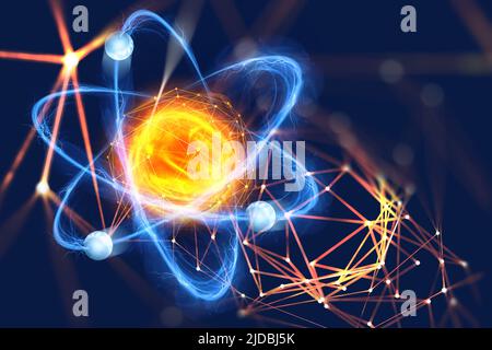 Atomare Struktur. Futuristisches Konzept zum Thema Nanotechnologie in der Wissenschaft. Der Kern eines Atoms, umgeben von Elektronen-Technologie Stockfoto