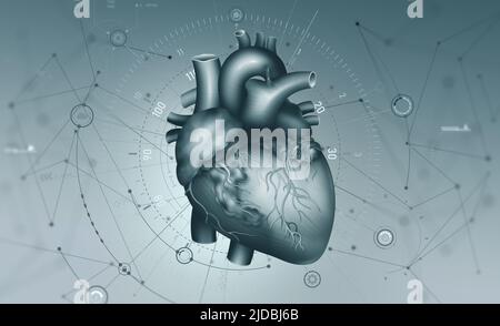 Menschliches Herz. Digitale Technologien in der Medizin. Innovationen im Gesundheitswesen. 3D Abbildung. Transplantologie und Computermodellierung Stockfoto