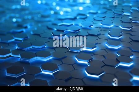 Ein Hexagonen-Feld in einer futuristischen Illustration von 3D. Computer der Zukunft. Brennende, leuchtende Kanten von Objekten. Geringe Schärfentiefe Stockfoto