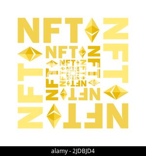 NFT-Token in Krypto-Artwork. Banner nicht-fungibler Token. NFT nicht fungible Token in der Blockchain-Technologie in digitaler Krypto Art. ERC20 Kryptowährung und Kunst im Cartoon-Stil Stock Vektor