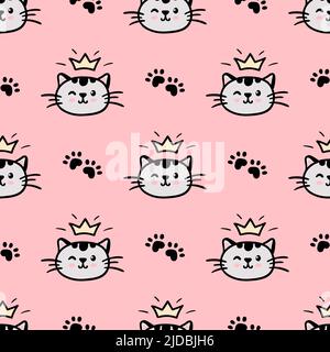 Rosa Katze nahtloses Muster. Hintergrund-Vektorgrafik für Meow und Katzenpfoten. Niedliche Cartoon Pastell-Charakter für Kindermädchen Baby drucken. Stock Vektor