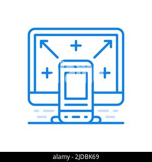 Vektorliniensymbol für die Dateiübertragung von elektronischen Geräten. Online-Technologie zum Laden von Benutzerinformationen zwischen intelligenten Gadgets. Smartphone im Hintergrund Stock Vektor