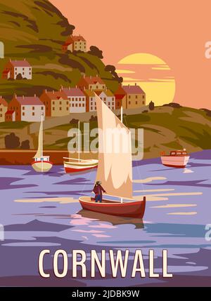 Reisesoster Cornwall, Vintage, South West England, Großbritannien. Reise Poster Küste, buikdings, Segelboote, Sonnenuntergang. Vektorgrafik Stock Vektor