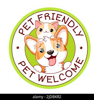 Tierfreundliches Vektoretikett. Stempel oder Aufkleber mit haustierfreundlichem Text. Kawaii Welpe und Kitty im Kreis. Tierarztpraxis, Etikett, Aufkleber. Beschriftung Stock Vektor