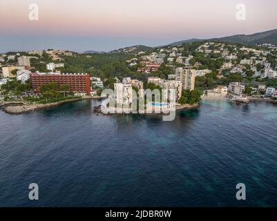 Luftaufnahme von ses illetes mallorca. Illetas (auch bekannt als Ses Illetes) ist ein kleines, gehobes Resort an der südwestlichen Küste Mallorcas. Stockfoto