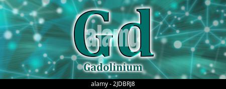 GD-Symbol. Gadolinium chemisches Element auf grünem Netzwerkhintergrund Stockfoto