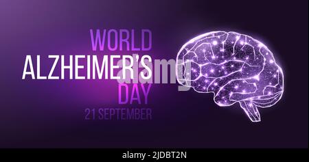 Drahtmodell des menschlichen Gehirns. Konzept zum Welt-Alzheimer-Tag. Banner-Vorlage mit glühendem low-poly Gehirn. Futuristisch, modern, abstrakt. Isoliert auf dunkel Stock Vektor