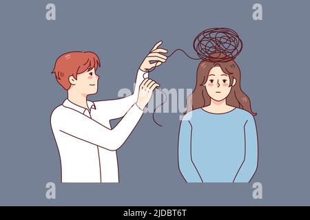 Psychologin Arbeit mit Frau Patientin entwirren verwirrt Gedanken im Kopf. Unglücklich müde Frau, die Sitzung mit Psychotherapeut. Psychotherapie. Vektorgrafik. Stock Vektor