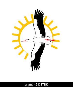 Fliegender Storch und Sonne. Vektorgrafik. Logo mit fliegender Storch-Silhouette. Stock Vektor