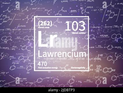 Lawrencium chemisches Element mit erster Ionisationsenergie, atomarer Masse und Elektronegativität auf wissenschaftlichem Hintergrund Stock Vektor