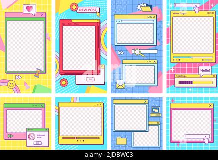 Retro UI Post-Vorlage. Coole 90s ästhetische Social-Media-Storys Frames, App-Fenster mit groovigen Hintergrund-Vektor-Set Stock Vektor
