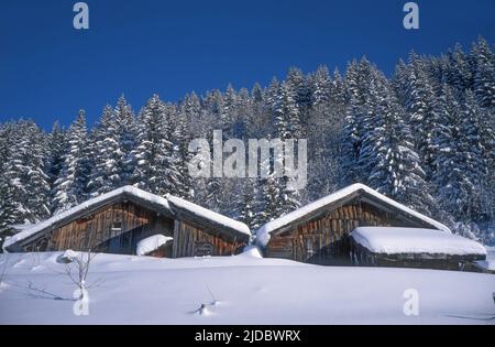 Frankreich, Haute-Savoie (74) Chalets, Scheunen, unter dem Schnee, Mont-Blanc-Massiv, Stockfoto