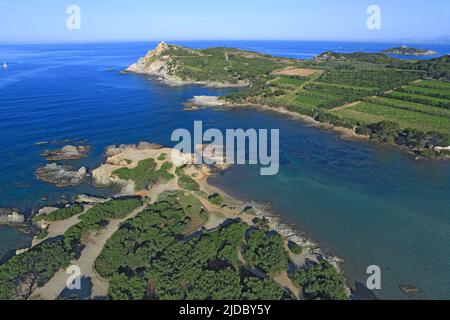 Frankreich, Var, Embiez Island, die größte Insel und die wilde Küste, hat den Hintergrund der Insel Rouveau Large (Luftaufnahme) Stockfoto