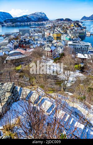 Stadt Alesund Aussichtspunkt Schritte Norwegen Nordeuropa Stockfoto