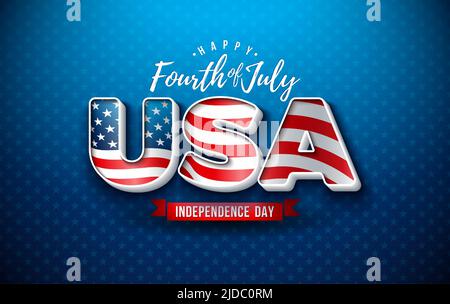 4.. Juli Unabhängigkeitstag der USA Vektorgrafik mit amerikanischer Flagge in 3D Schriftzug auf blauem Hintergrund. Nationalfeierfest am 4. Juli Stock Vektor