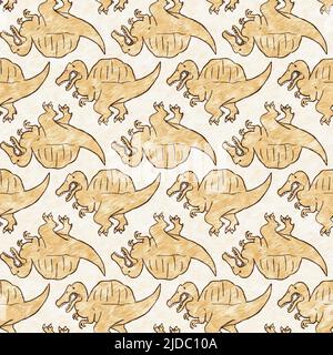 Braunes, handgezeichnetes Spinosaurus-Dinosaurier-Nahtloses Muster. Gender Neutral Jurassic fossile Silhouette für Baby-Nursery. Home Dekor für Museum, Aussterben Stockfoto