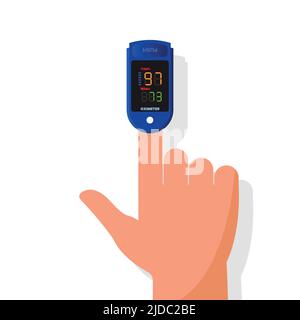 Pulsoximeter am Finger. Messung von Puls und Sättigung des Blutes mit Sauerstoff. Vektorgrafik Stock Vektor