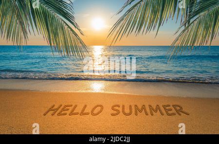 Hello Summer Tropical Beach Reisekonzept. Stockfoto