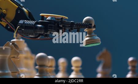 Roboter bewegt Schachfiguren auf Schachbrett, Nahaufnahme Stockfoto