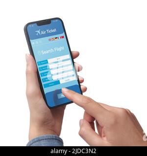 Benutzer, der ein Smartphone hält und günstige Flüge online bucht, auf weißem Hintergrund, POV-Aufnahme Stockfoto