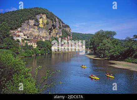 Frankreich, Dordogne (24) La Roque-Gageac, klassifiziertes Dorf, der Fluss Dordogne (Luftaufnahme) Stockfoto