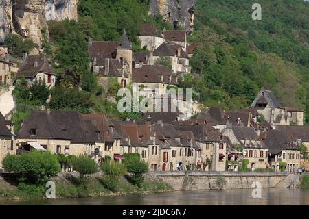 Frankreich, Dordogne (24) La Roque-Gageac, klassifiziertes Dorf, der Fluss Dordogne (Luftaufnahme) Stockfoto