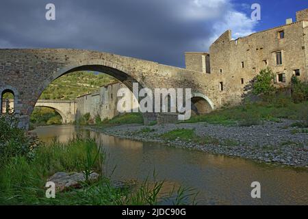 Frankreich, Aude Lagrasse klassifiziertes Dorf, die alte Brücke über den Fluss l'Orbieu Stockfoto