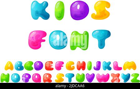 Gelee bunte Alphabete, Comic-Alphabet für Kinder. Jelly Bright Font. Kindliche Art für Veranstaltungen, Aktionen. Stock Vektor