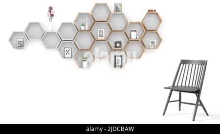 Stuhl in einem weißen Raum mit einem Regal an der Wand - 3D Rendering Stockfoto