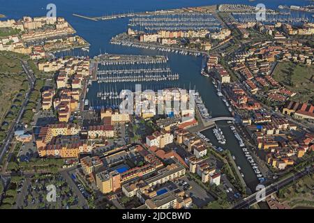 Frankreich, Aude, Gruissan, das Resort ist das Hauptdepartement von Aude im Golf von Löwen (Luftaufnahme), Stockfoto