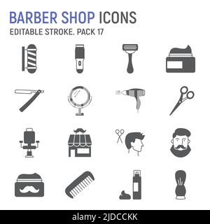 Barber Shop Glyphen Icon Set, Barbershop Kollektion, Vektorgrafiken, Logo Illustrationen, Barber Shop Vektor Icons, kosmetische Schilder, solide Piktogramme, editierbarer Strich Stock Vektor