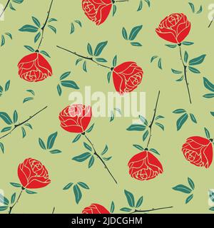 Nahtloses Vektor-Muster mit roten Rosen auf grünem Hintergrund. Einfache romantische Vintage florale Tapete Design. Dekorative Valentinstag Mode Textil Stock Vektor