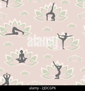 Nahtloses Vektor-Muster mit Yoga-Posen und Lotusblume auf hellrosa Hintergrund. Zen Tapete Design mit Silhouette von Frauen. Stock Vektor