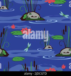 Nahtloses Vektormuster mit Steinen und Libellen in Verbindung. Einfaches See-Wallpaper-Design auf blauem Hintergrund. Niedliche Wasser Mode Textil. Stock Vektor