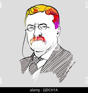 Theodore Roosevelt Bunte Haar Vektor Zeichnung. Handgezeichnete Umrissskizze. Zeichnung zur Verwendung bei Marketingprojekten und zum Weiterverkauf als Druck. Stock Vektor