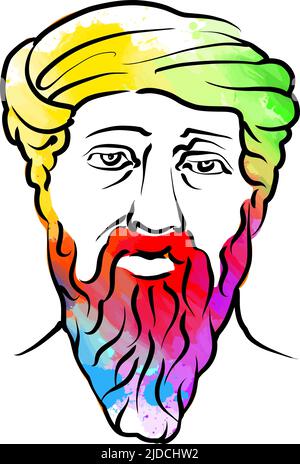 Pythagoras von Samos bunte Haar Vektor Zeichnung. Handgezeichnete Umrissskizze. Zeichnung zur Verwendung bei Marketingprojekten und zum Weiterverkauf als Druck. Stock Vektor