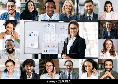 Collage einer Gruppe von Diversity-Menschen während einer Online-Videokonferenz. Gesichter von Menschen verschiedener Rassen, verschiedener Altersgruppen und Nationalitäten, die lächelnd auf die Kamera blicken, während eines ferngelegenen finanziellen Brainstorms Stockfoto