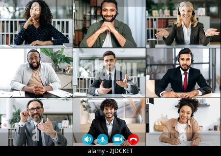 Online-Videokonferenz mit Diversity-Menschen. Collage einer multirassischen Gruppe von erfolgreichen lächelnden Männern und Frauen unterschiedlichen Alters, die für Online-Brainstorming versammelt und über das Projekt diskutiert wurden Stockfoto