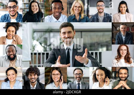 Collage eines multirassischen Volkes mit erfolgreichem kaukasischen männlichen Geschäftsleiter im Zentrum. Viele Gesichter von Geschäftsleuten, mit positiven Emotionen, die auf die Kamera blicken und freundlich lächeln Stockfoto